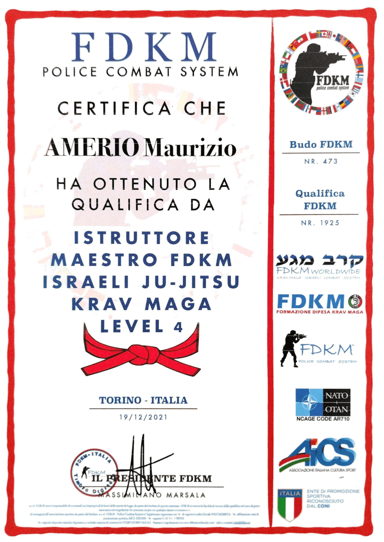 Istruttore Maestro Israeli Ju-Jitsu e Krav Maga, Level 4, FDKM Police Combat System, Torino, 2021