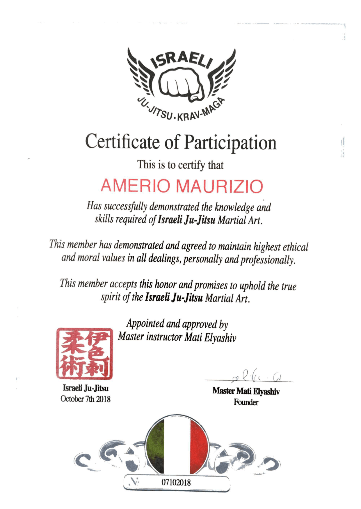 Certificato Israeli Ju-Jitsu (Master Mati Elyashiv, fondatore), Israeli Ju-Jitsu · Krav Maga, 2018